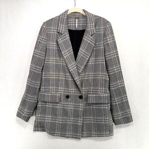 Free People Blazer Women S Black White Plaid Oversized Double Breasted Preppy